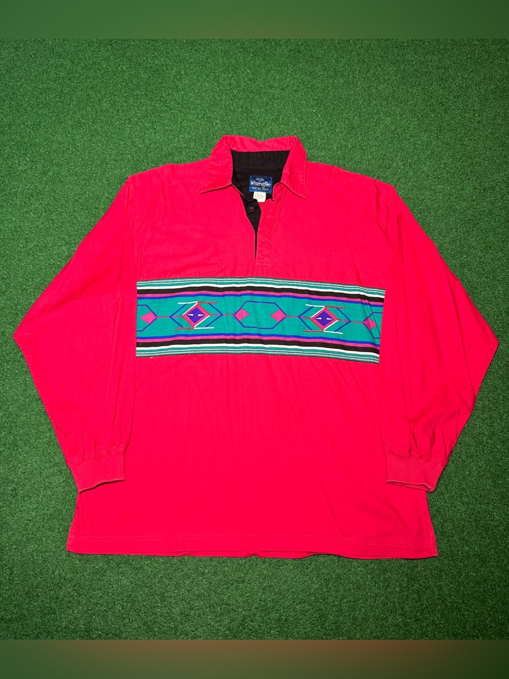 Wrangler Western Aztec Polo Shirt Long Sleeve Vintage 90s Western Large Retro